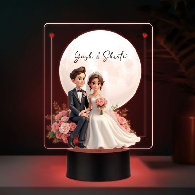Personalized Wedding Couple LED Night Light with Moon and Roses, Color Changing Acrylic Lamp with Black Base Wedding Gift for Friends Customized Gifts for Couple